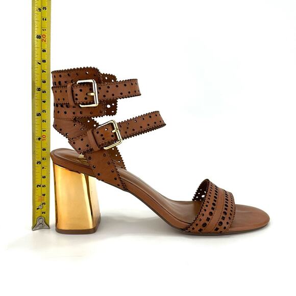 Dolce Vita Straps Sandal Sz 9.5 Brown Leather Gold Block High Heel Laser-Cut New - Picture 8 of 15